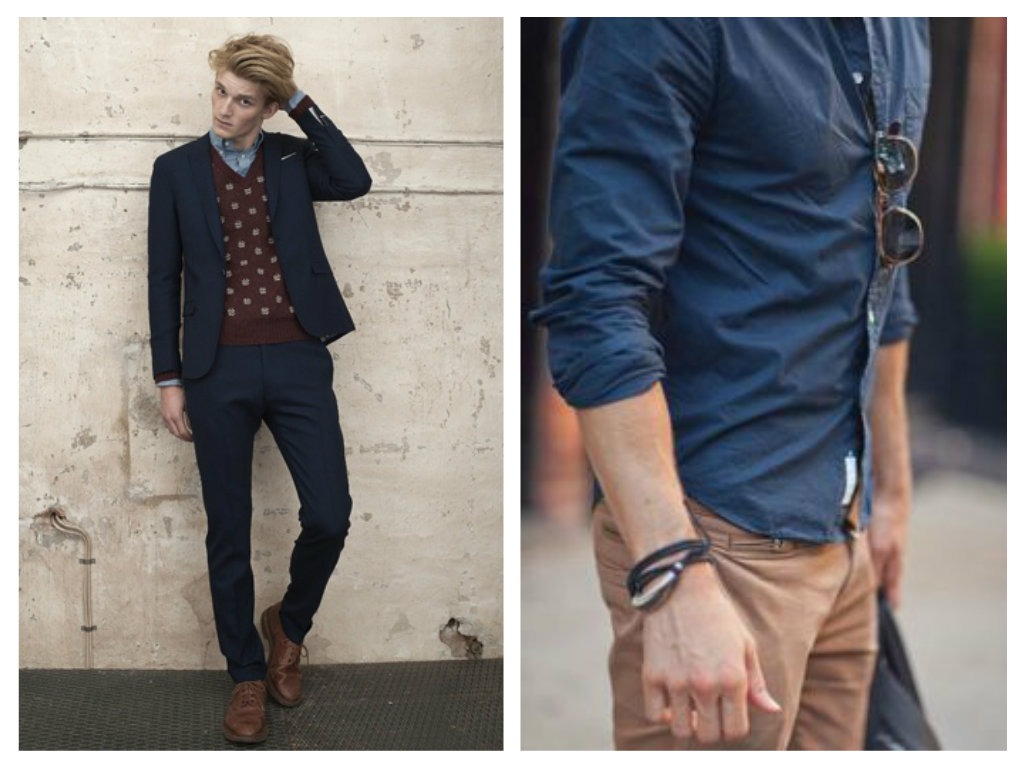 Navy modrá a hnědá kombinace - pánské fashion trendy 2015