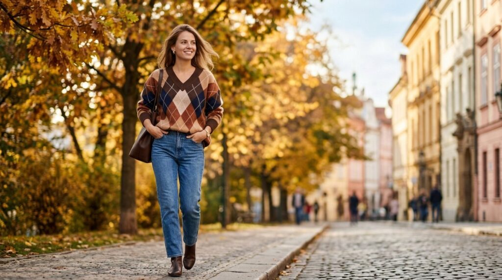 Žena v pleteném argyle svetru s kosočtverci v podzimním městském outfitu