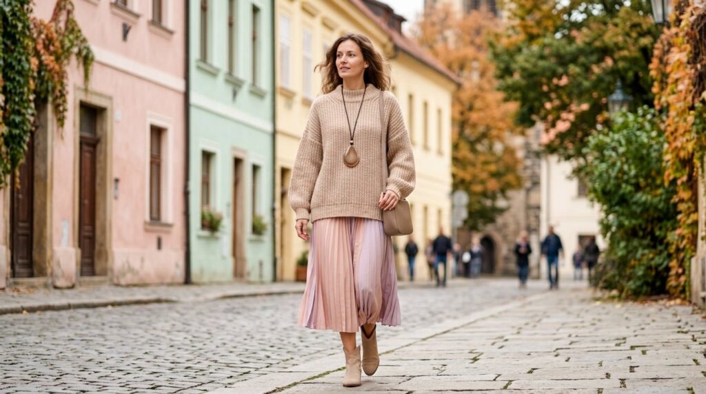 Žena v béžovém pleteném svetru s dlouhým náhrdelníkem a masivním přívěskem