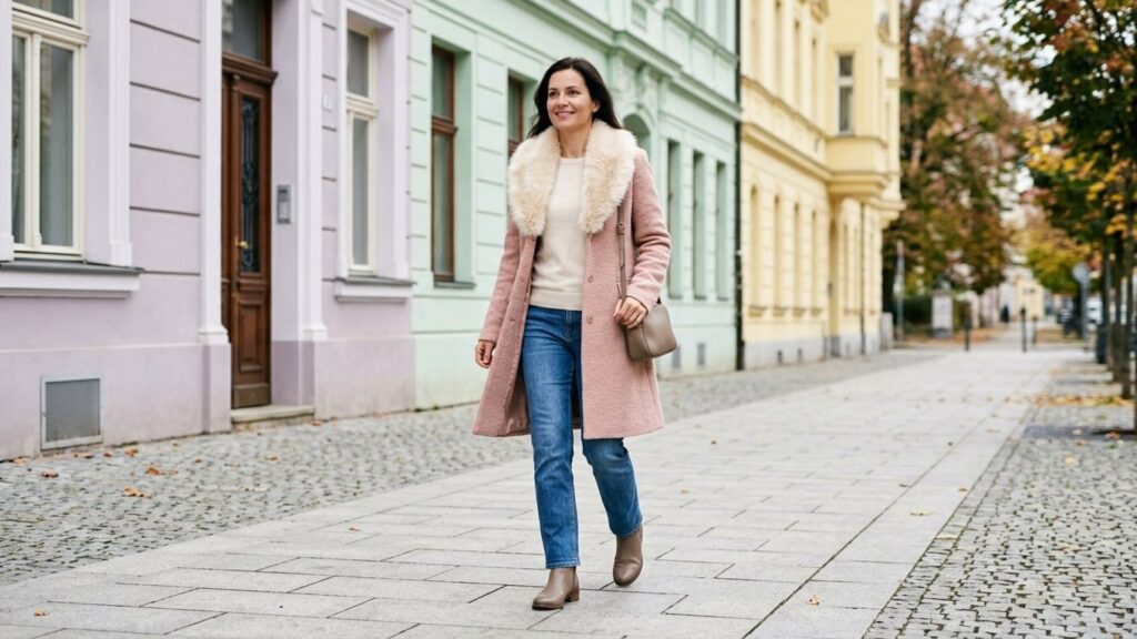 Modelka v pudrově růžovém kabátu s krémovým lemem z umělé kožešiny, světlém svetru a rovných džínách.