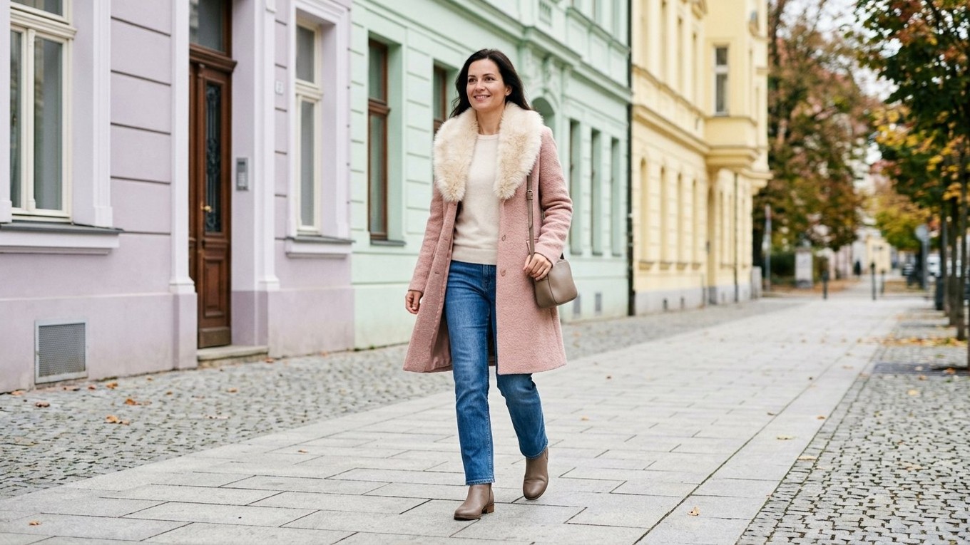 Modelka v pudrově růžovém kabátu s krémovým lemem z umělé kožešiny, světlém svetru a rovných džínách.