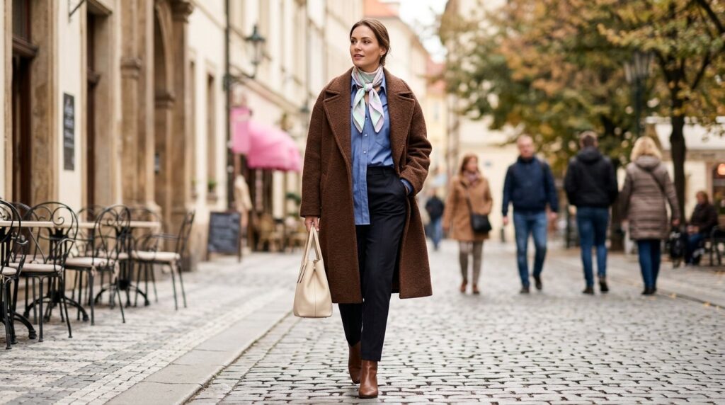 Stylová žena v elegantním outfitu s modrou košilí a hnědým kabátem v městském prostředí