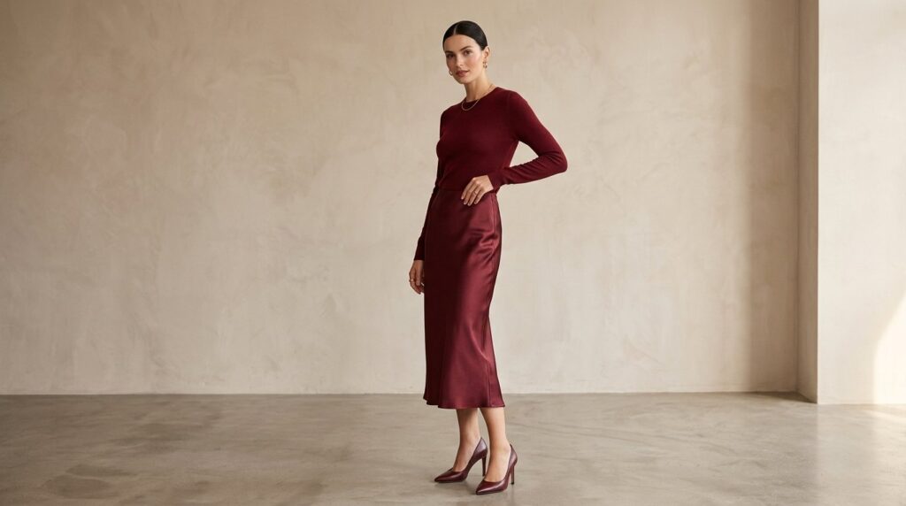 Elegantní žena v monochromatickém outfitu s vínovou midi sukní